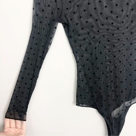 SPANX | Black Sheer Dot Print Long Sleeve Cheeky Bodysuit Women’s Size Small - Picture 6 of 9